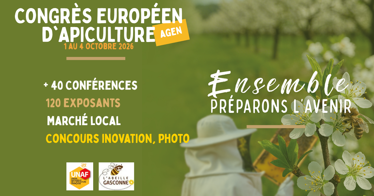Bannière du Congrès Européen de l'Apiculture 2026 à Agen, où Maine Agrotec tient un stand